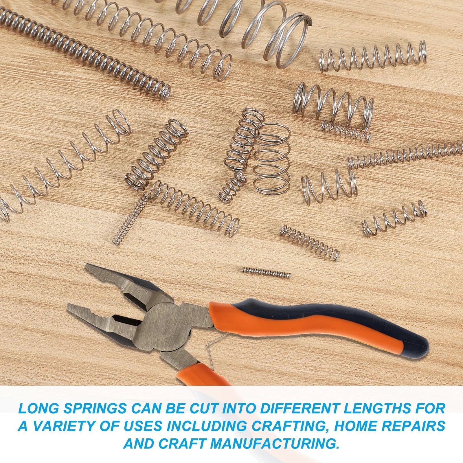 Heavy Duty 0.8mm Wire Diameter Compression Spring 10mm Outer Diameter 305mm Length 304 Stainless Steel 1 Piece Mechanical Extension Small Spring For Pen Mechanisms And General Shop Home Repairs displayed with pliers on wood surface.