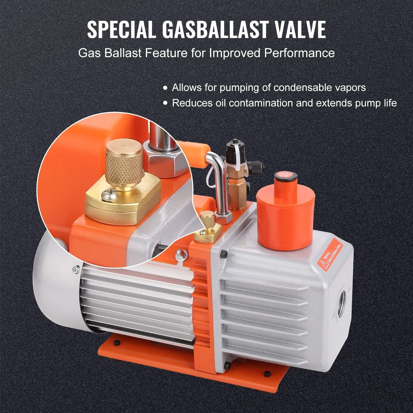Beast 7 CFM Dual Stage HVAC Vacuum Pump For Fast HVAC Repairs And Refrigeration Maintenance With Oil Bottle By VEVOR One Half Horsepower Rotary Vane Pump with special gas ballast valve feature, visible close-up of valve and pump details.