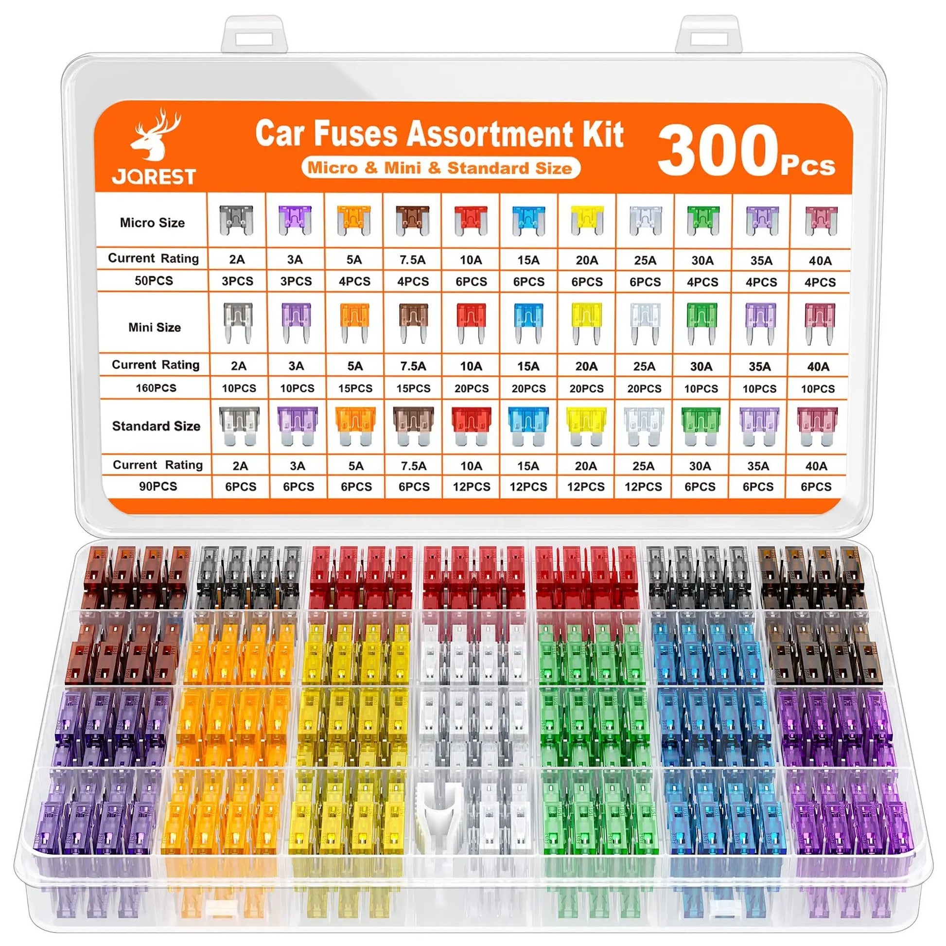 All In One Car Fuse Kit With 300 Assorted Fuses Micro Mini And Standard Sizes Plus Puller For RV Camper Boat And Truck 2A To 40A Eleven Current Ratings displayed in a clear organizer box.