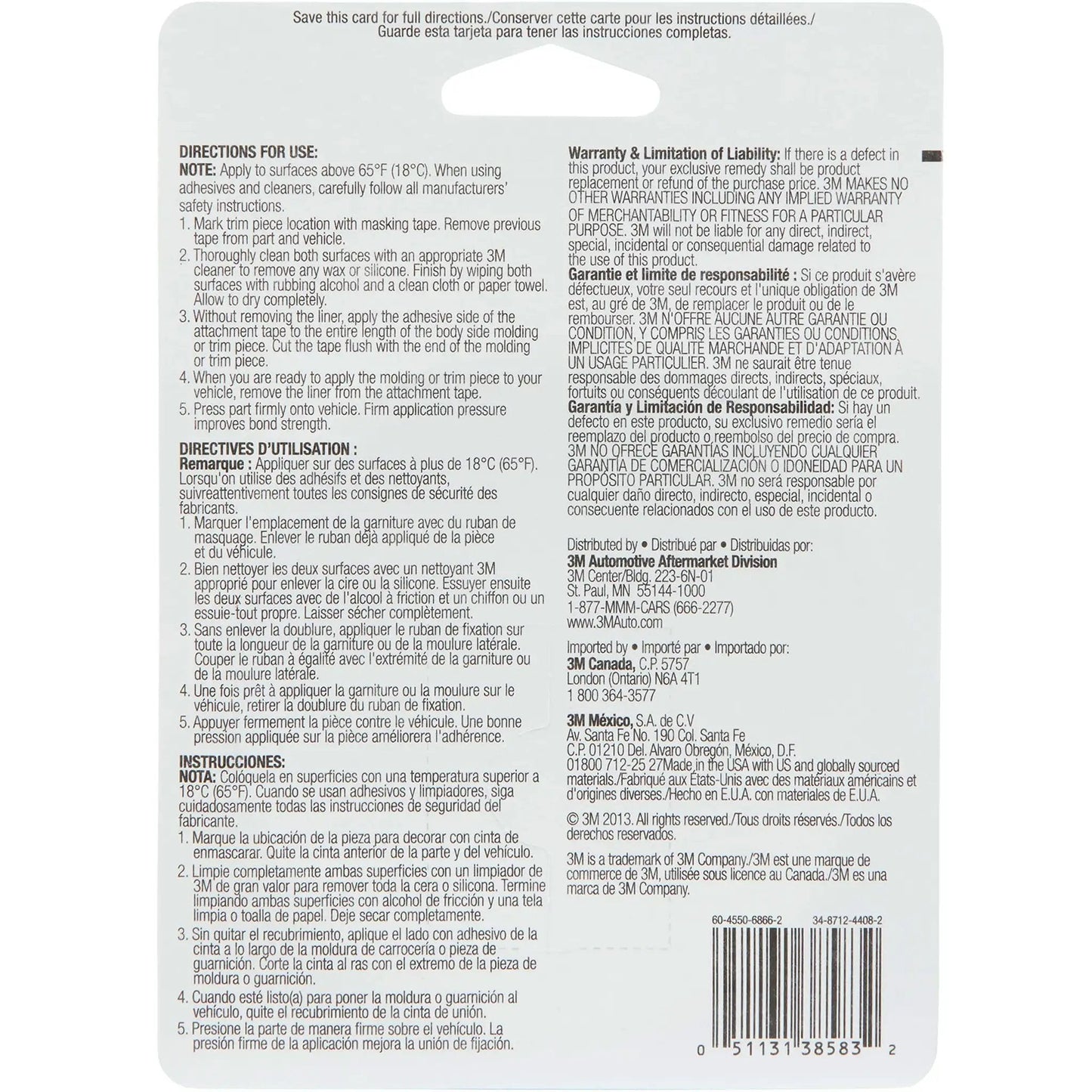 Back view of packaging showing directions and warranty for exterior automotive attachment for moldings, emblems and trim.