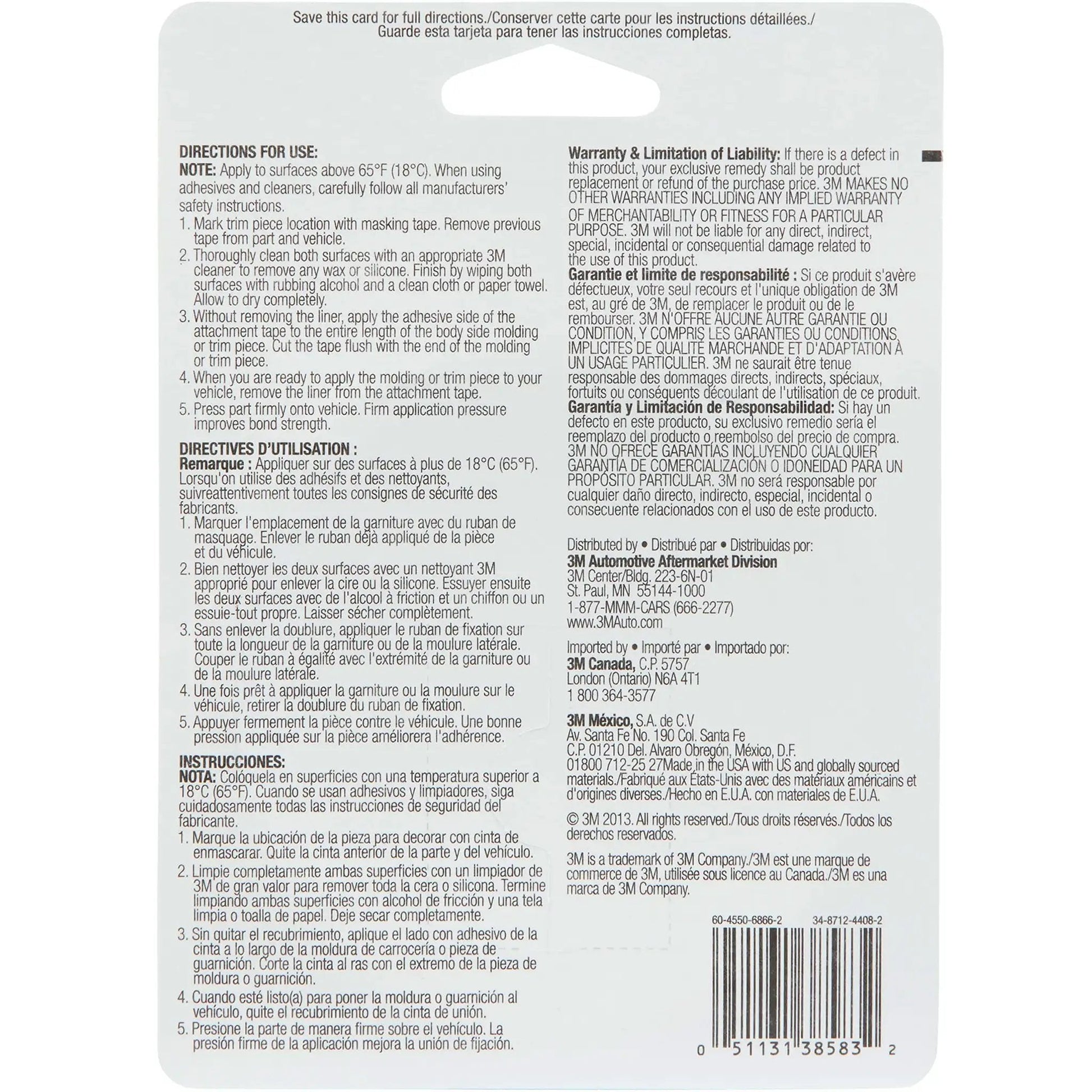 Back view of packaging showing directions and warranty for exterior automotive attachment for moldings, emblems and trim.