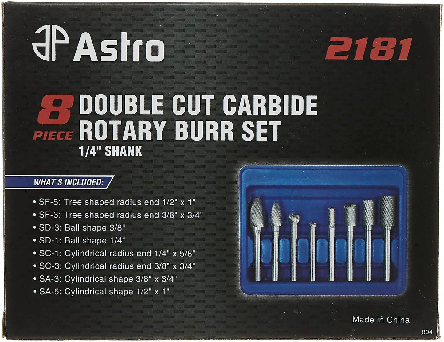 Front view of packaging for Double Cut Carbide Rotary Burr Set For Pro Grade Porting And Hole Opening, 8-Piece With 1/4 Inch Shank