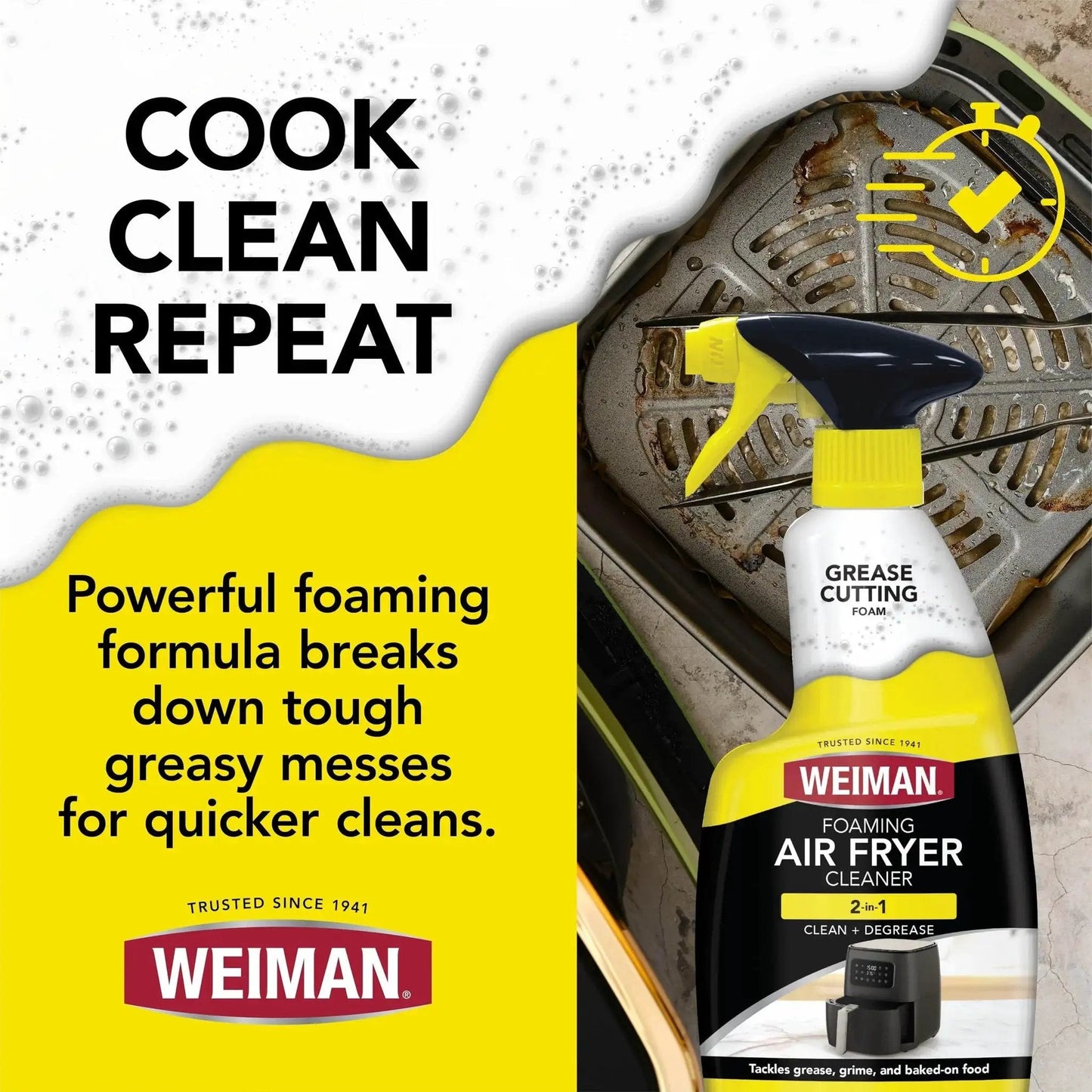 Foaming Air Fryer Cleaner Kit With Non Abrasive Sponge For Ceramic Baskets next to greasy air fryer tray.