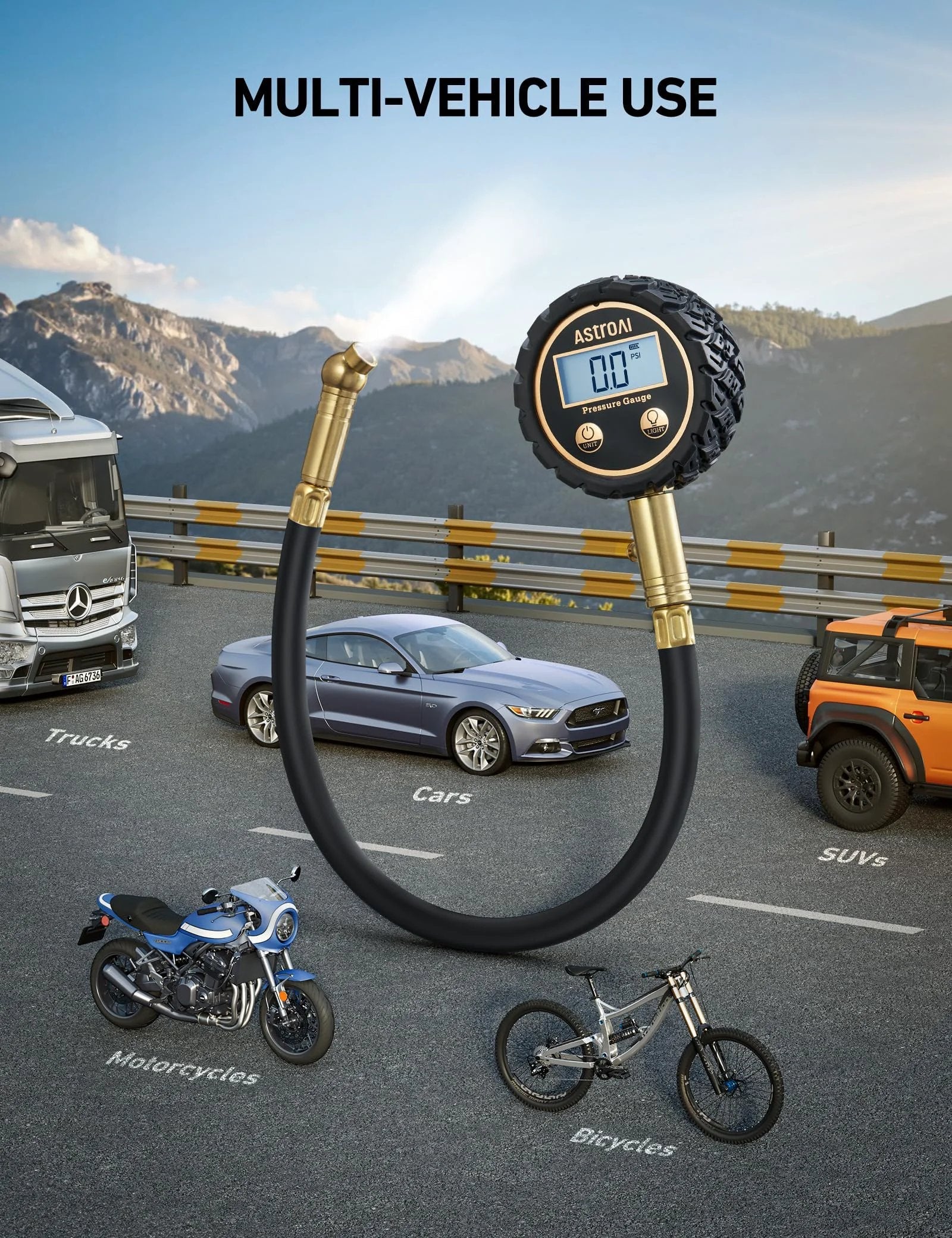 Car Tire Pressure Gauge With Backlit LED, Solid Brass Construction And Rubber Hose, Air Bleeder Valve, shown on road with vehicles