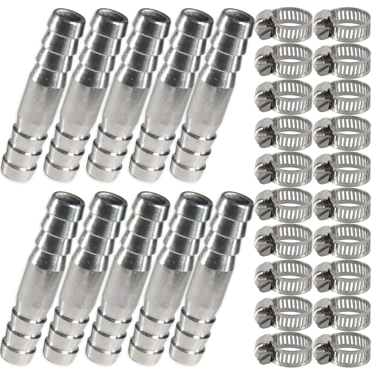 Heavy Duty Stainless Steel Three Eighths Inch Barb Splicer Mender Round Union Coupler Hose Fitting With Stainless Steel Pipe Clamps For Water Fuel And Air Pack Of Ten