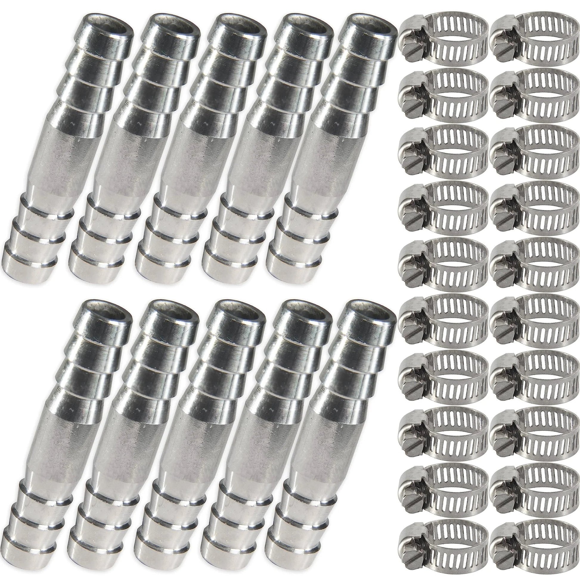 Heavy Duty Stainless Steel Three Eighths Inch Barb Splicer Mender Round Union Coupler Hose Fitting With Stainless Steel Pipe Clamps For Water Fuel And Air Pack Of Ten