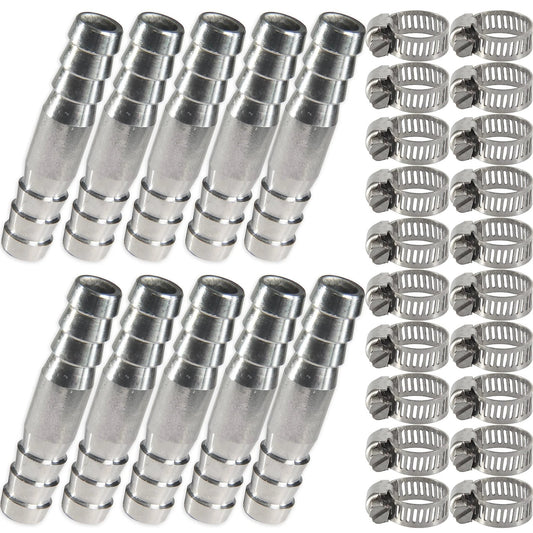 Heavy Duty Stainless Steel Three Eighths Inch Barb Splicer Mender Round Union Coupler Hose Fitting With Stainless Steel Pipe Clamps For Water Fuel And Air Pack Of Ten