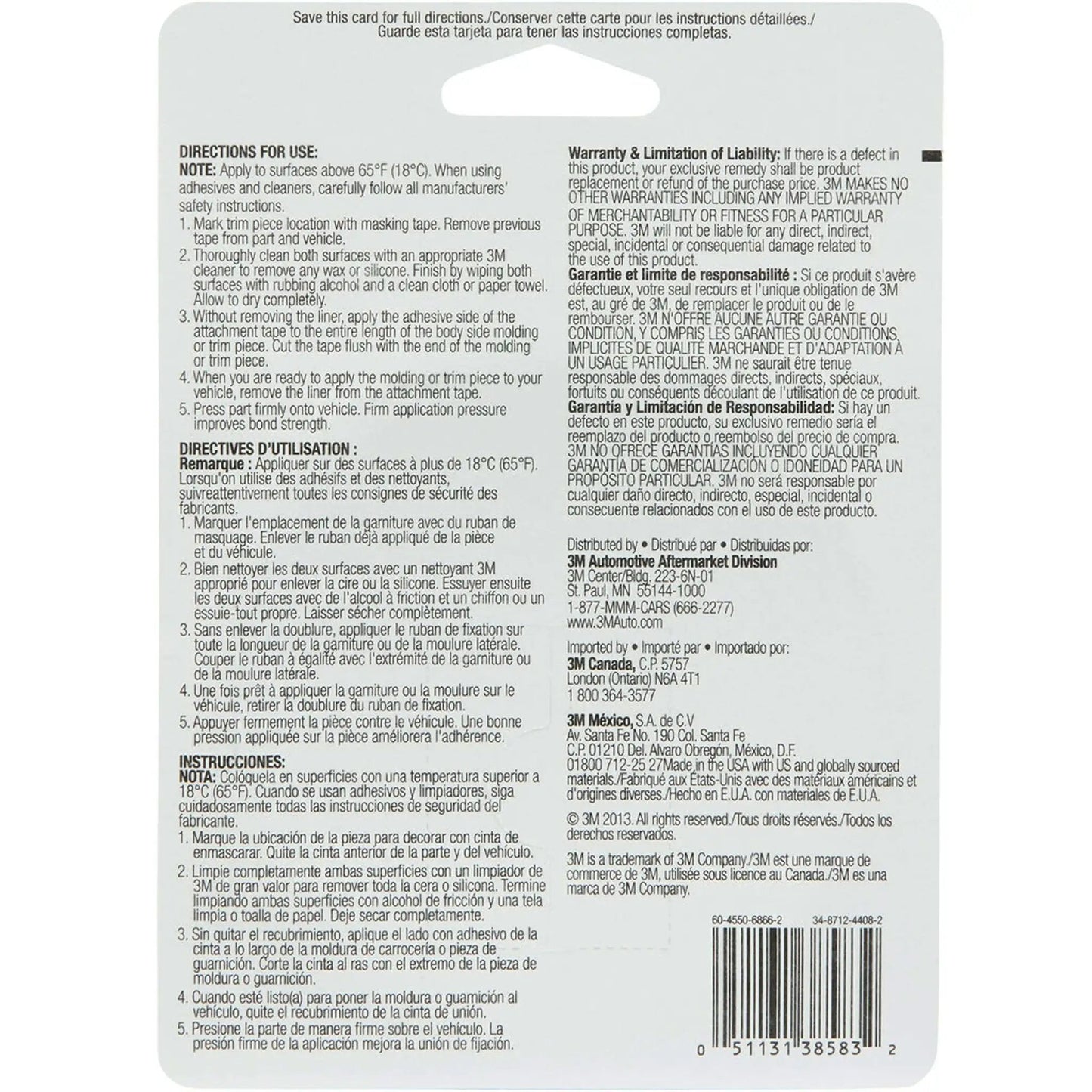 Back view of Exterior Attachment Tape VHB packaging with usage instructions and product details in multiple languages.