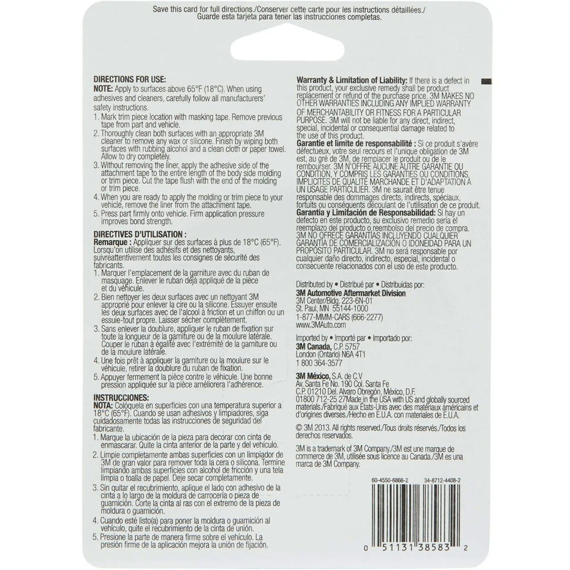 Back view of Exterior Attachment Tape VHB packaging with usage instructions and product details in multiple languages.