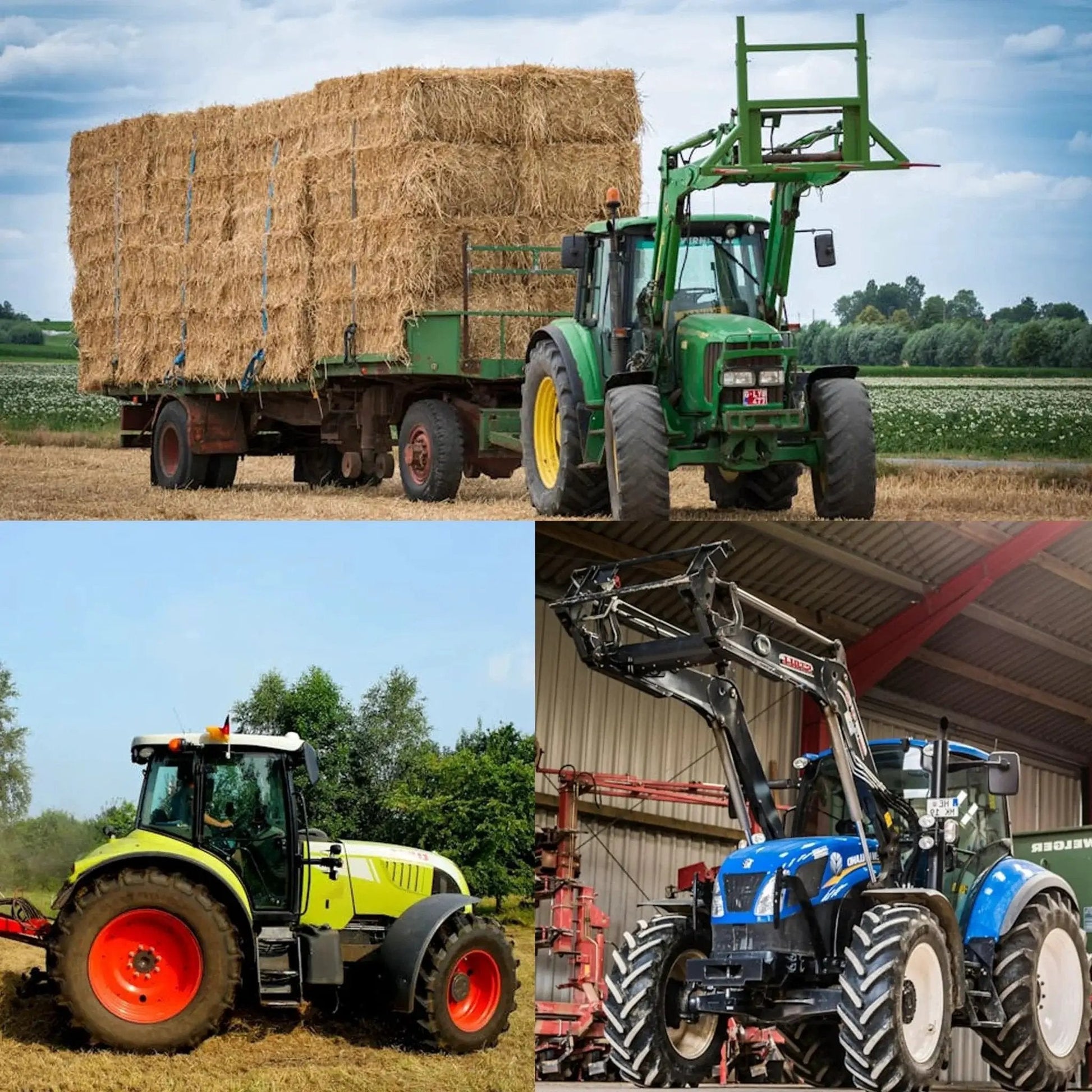 Farm tractors in various settings, showing heavy-duty machinery often equipped with Half Inch Hydraulic Quick Connect Tractor Coupler ISO 7241 A Ball Valve Pioneer Type.