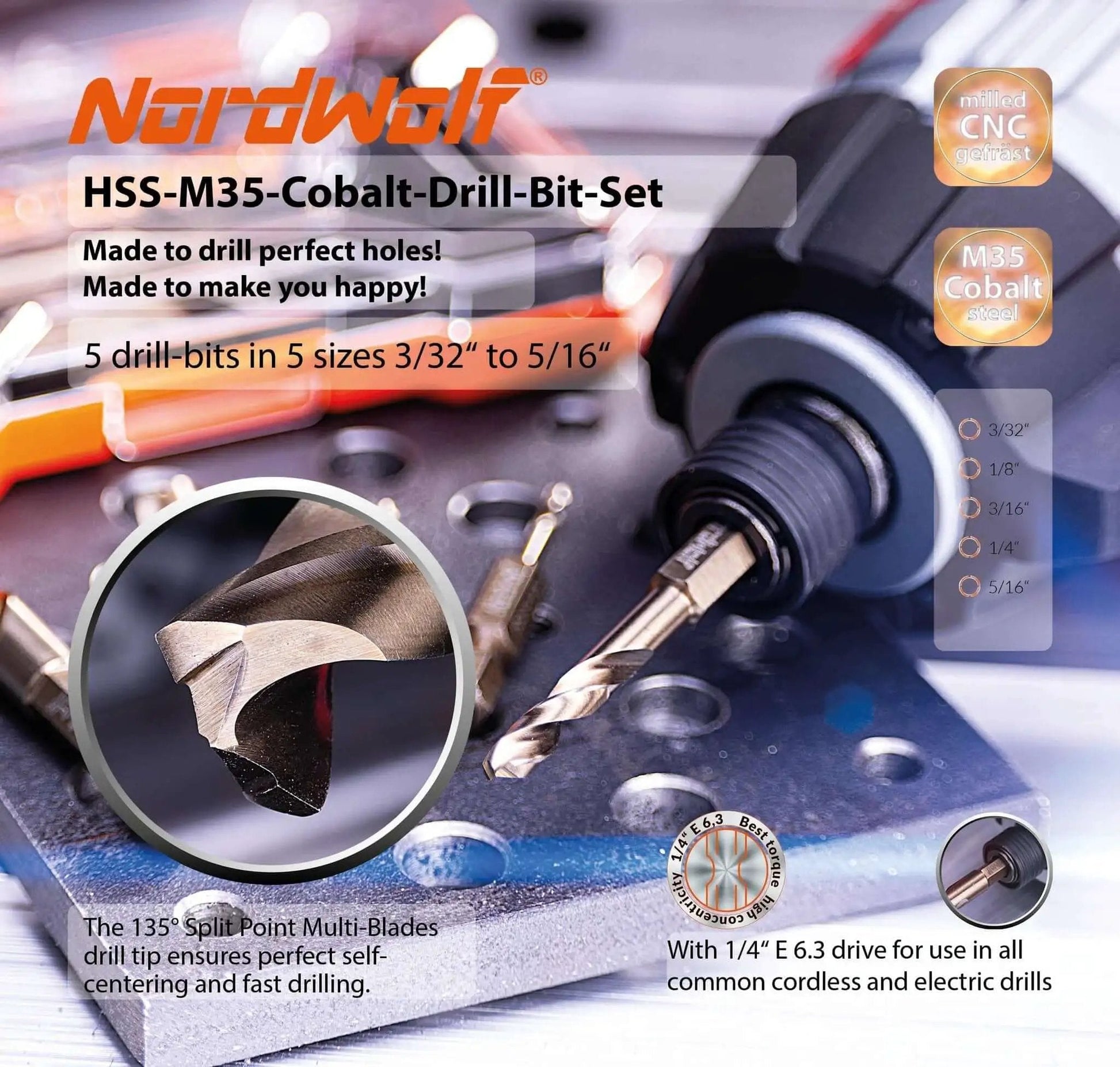 Close-up of Five-Piece M35 Cobalt Stubby Drill Bit Set with hex shank for impact drivers, showing drill bit details.