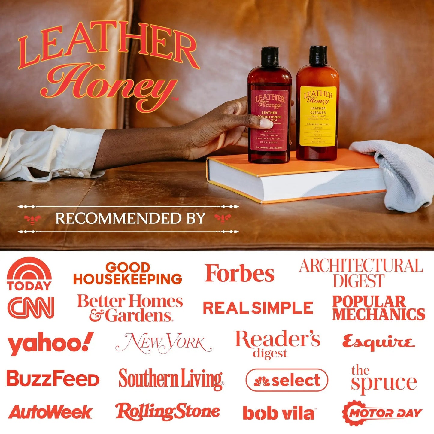 Image of Leather Honey leather cleaner bottles on a table with recommended by various top publications.