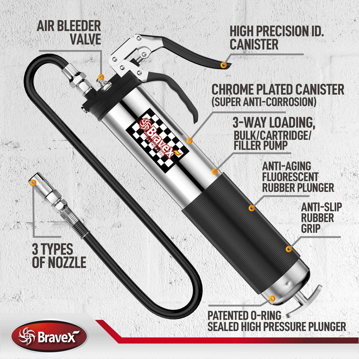 Heavy Duty Pistol Grip Grease Gun With 6000 PSI And 18 Inch Flexible Hose For Pro Shops And DIY Gear Bravex Chrome Canister Anti Corrosion Easy Clean Ultra Durable Lubrication Tool displaying features