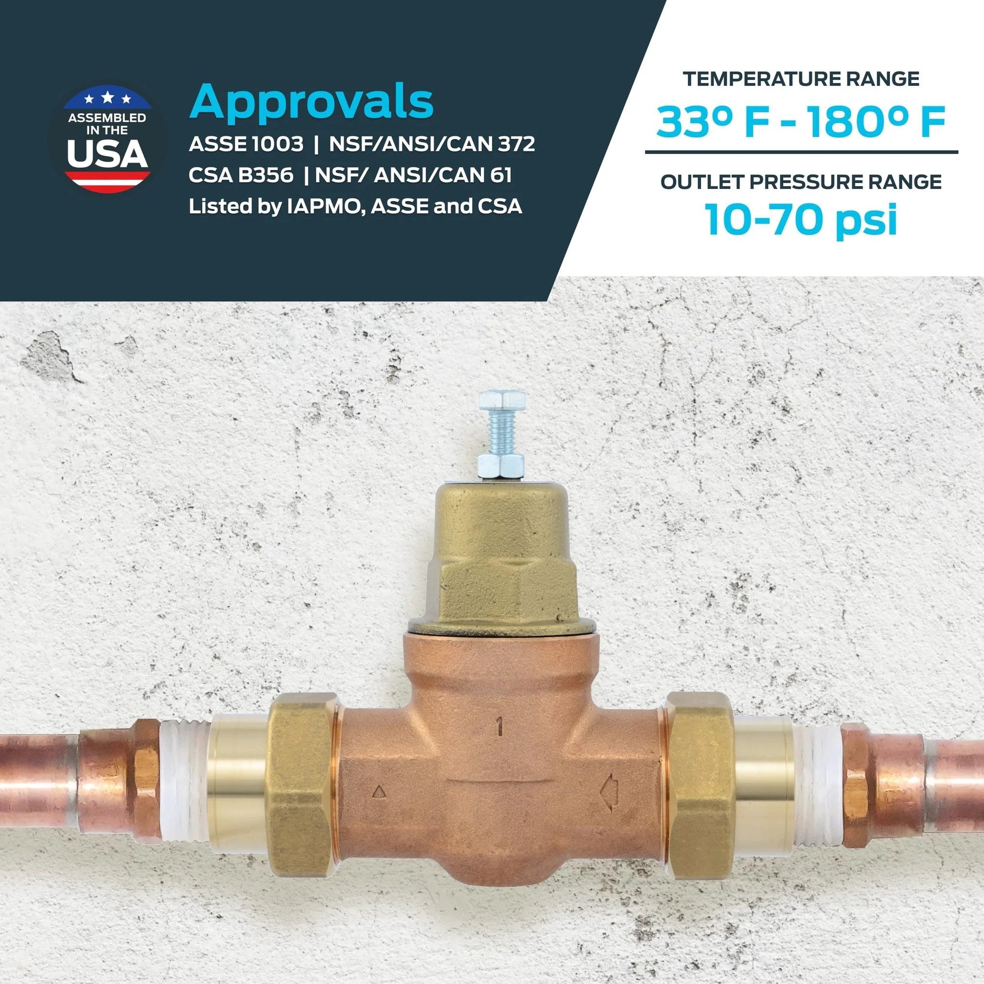 Direct Pressure Regulator Valve With Double Union For 1 Inch NPT Female Plumbing Lines, 60 PSI Setting, Metal Top PRV
