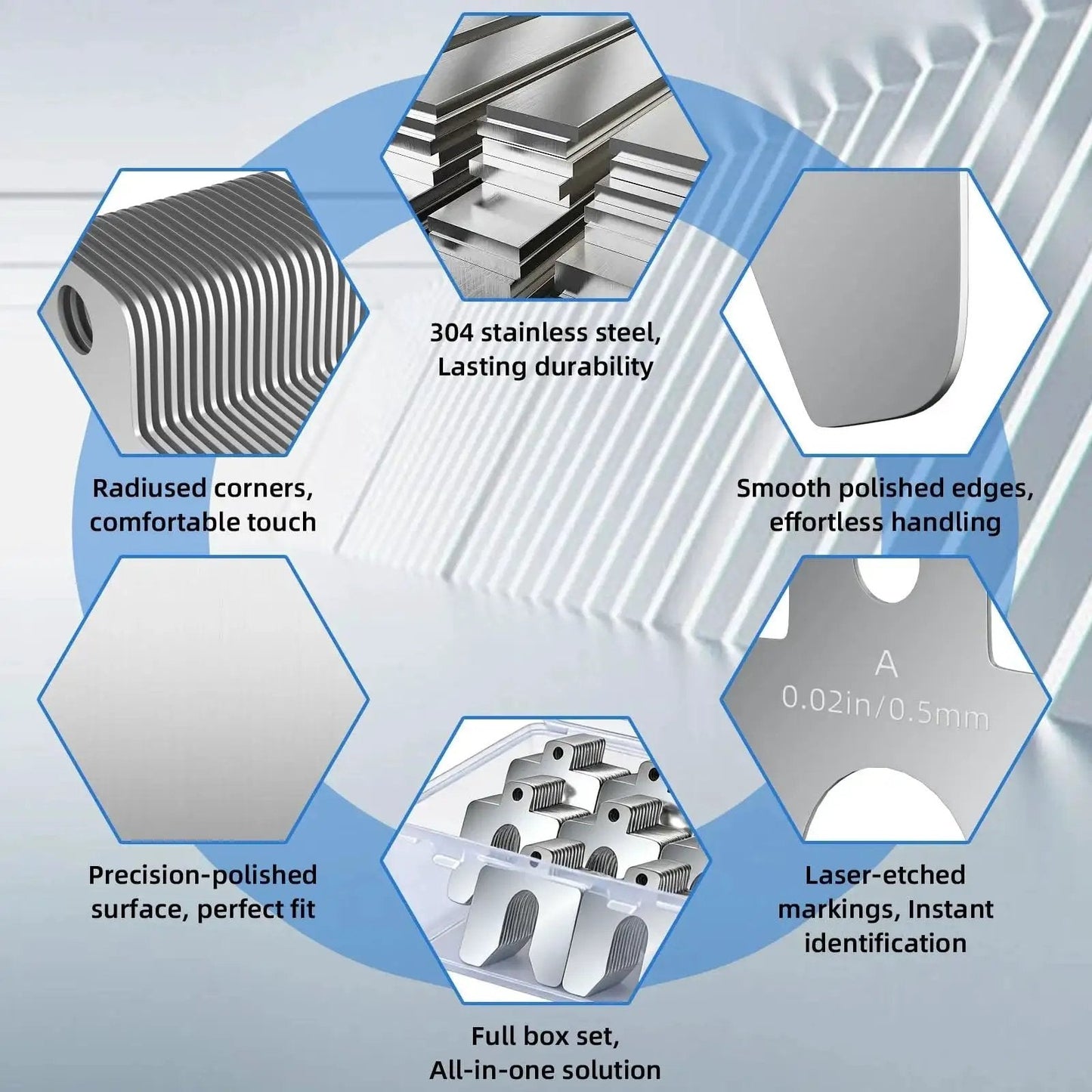 96 Piece Slotted Stainless Steel Shim Kit for Leveling and Precision Fit 2x2 Inch Shims with Feeler Gauge and Durable Storage Box features