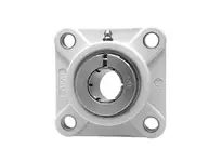 Front view of 1-1/2 in Kanigen Accu-Loc RF 4-bolt flange closed cover single-row ball bearing, black polymer housing, concentric lock collar.