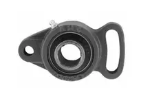 Front view of adjustable two bolt flange bearing with cast iron housing, ball bearing insert, and locking screw for precise shaft alignment.