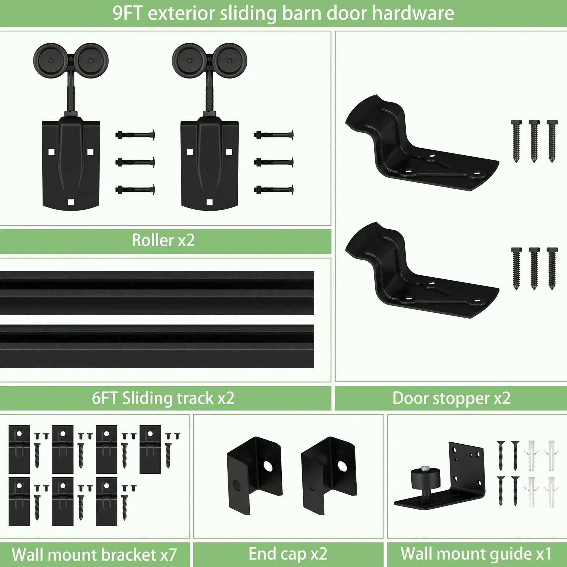 Black Exterior Sliding Barn Door Hardware Track Kit Heavy Duty Outdoor Weatherproof Wall Mount System Supports Up To 500 Lbs Includes Five Track Brackets For Single Barn Doors Durable All Weather Coating.
