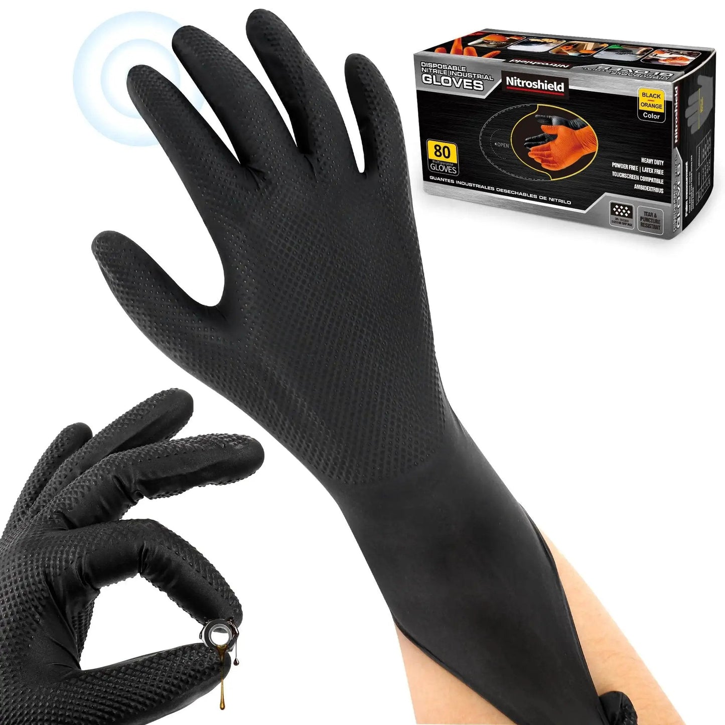 9 Mil Nitrile Gloves With Raised Diamond Grip Chemical Resistant Latex Free shown with packaging