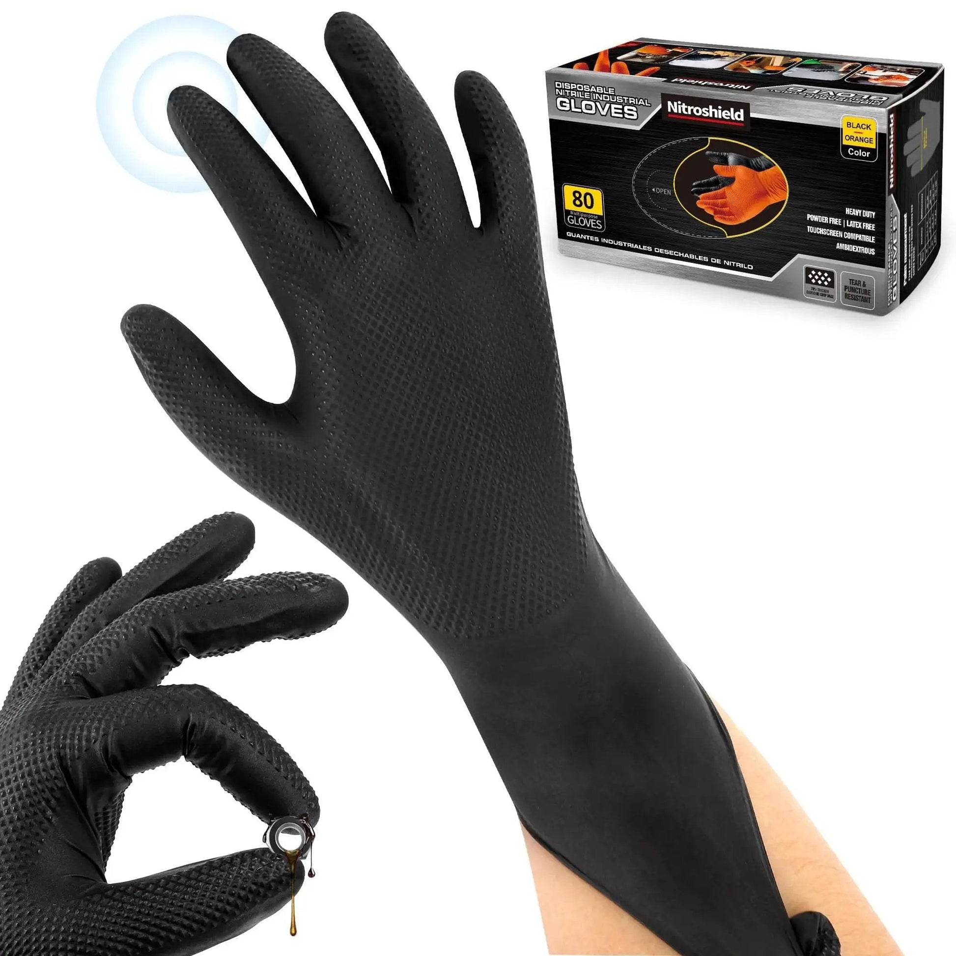 9 Mil Nitrile Gloves With Raised Diamond Grip Chemical Resistant Latex Free shown with packaging