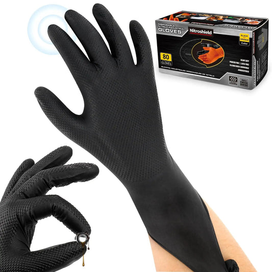 9 Mil Nitrile Gloves With Raised Diamond Grip Chemical Resistant Latex Free shown with packaging