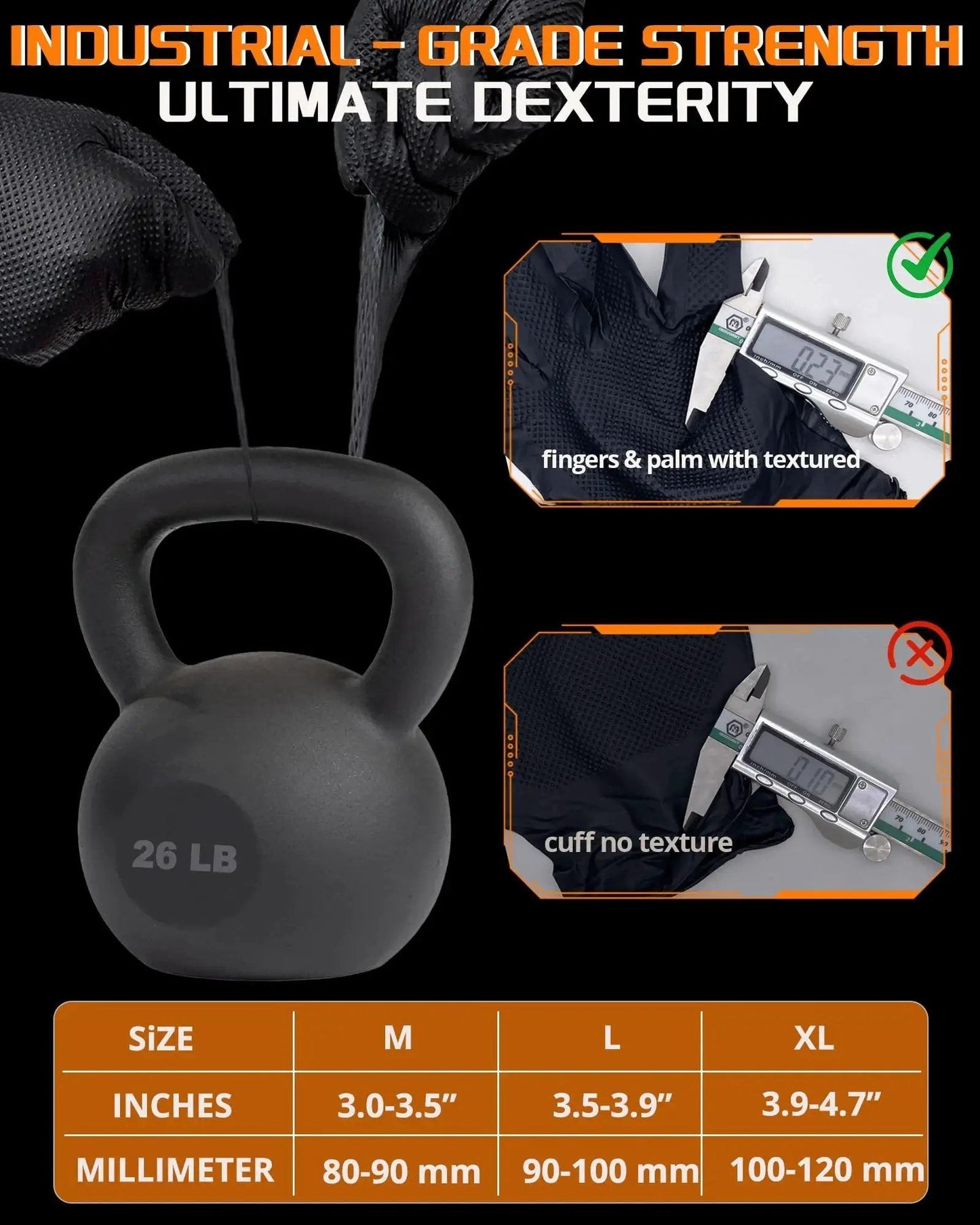 Chart showing 9 Mil Nitrile Gloves With Raised Diamond Grip Chemical Resistant Latex Free, textured fingers and smooth cuff.
