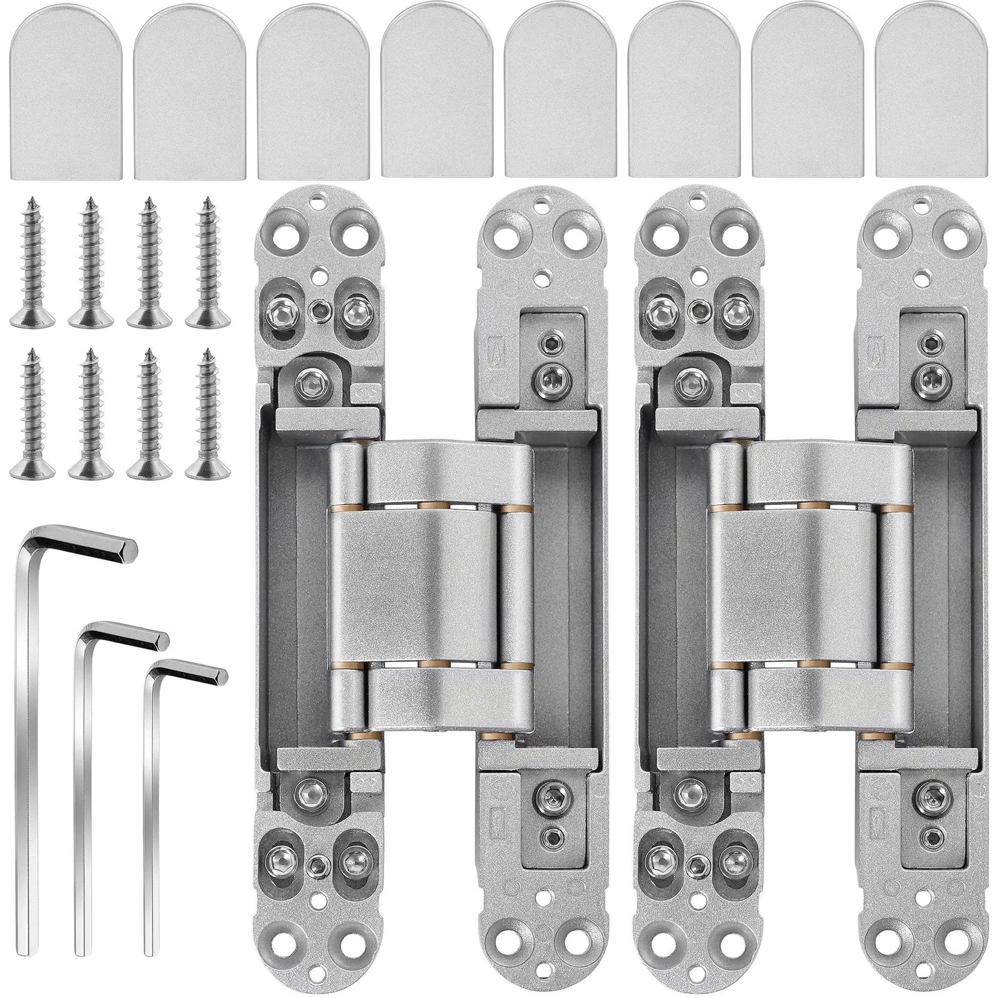 Hidden Door Hinges 7 Inch Stainless Steel Concealed Hinges For Doors With 180 Degree Swing And 3 Way Adjustable Heavy Duty Load Bearing Up To 170 Pounds Pack Of Two shown with screws and tools.