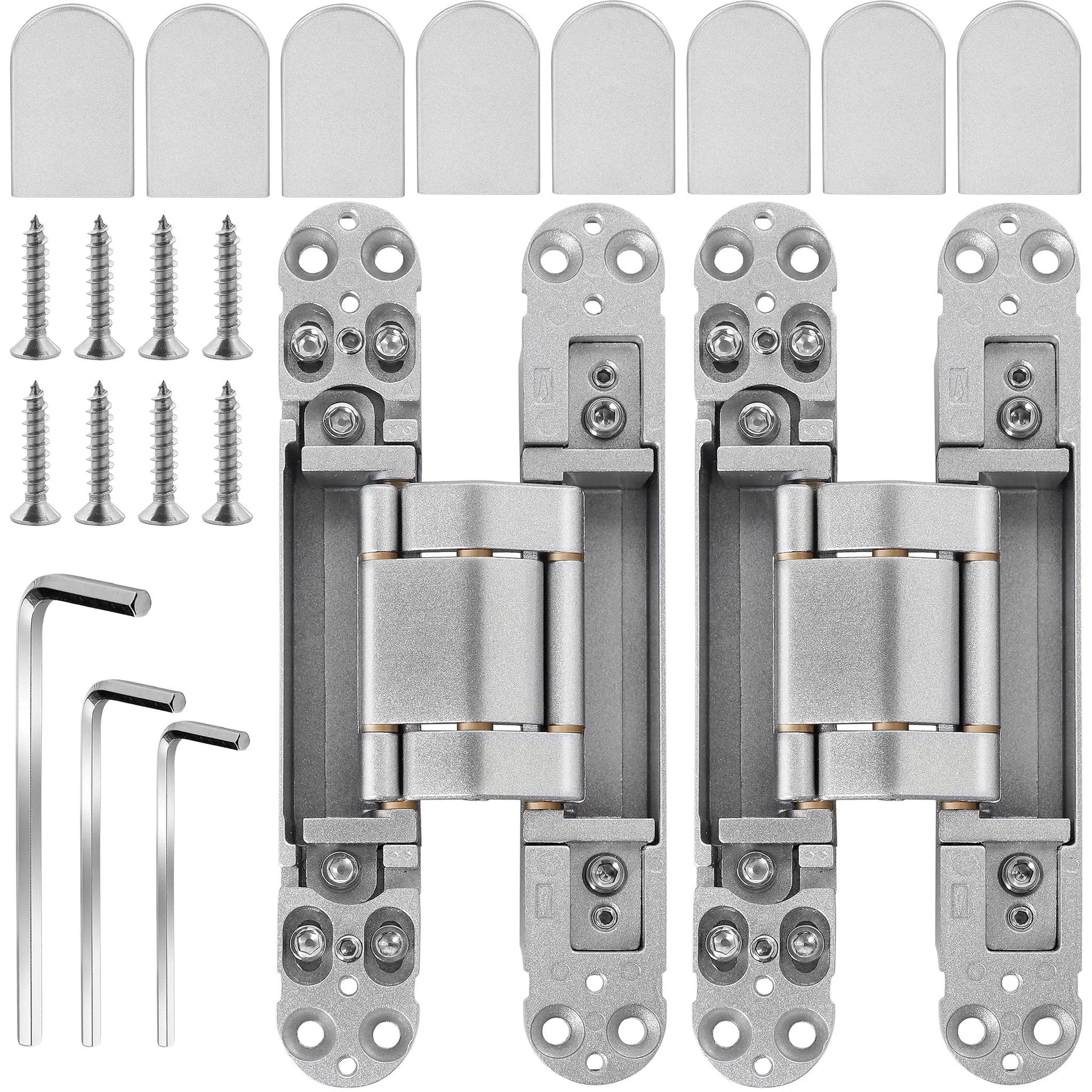 Hidden Door Hinges 7 Inch Stainless Steel Concealed Hinges For Doors With 180 Degree Swing And 3 Way Adjustable Heavy Duty Load Bearing Up To 170 Pounds Pack Of Two shown with screws and tools.