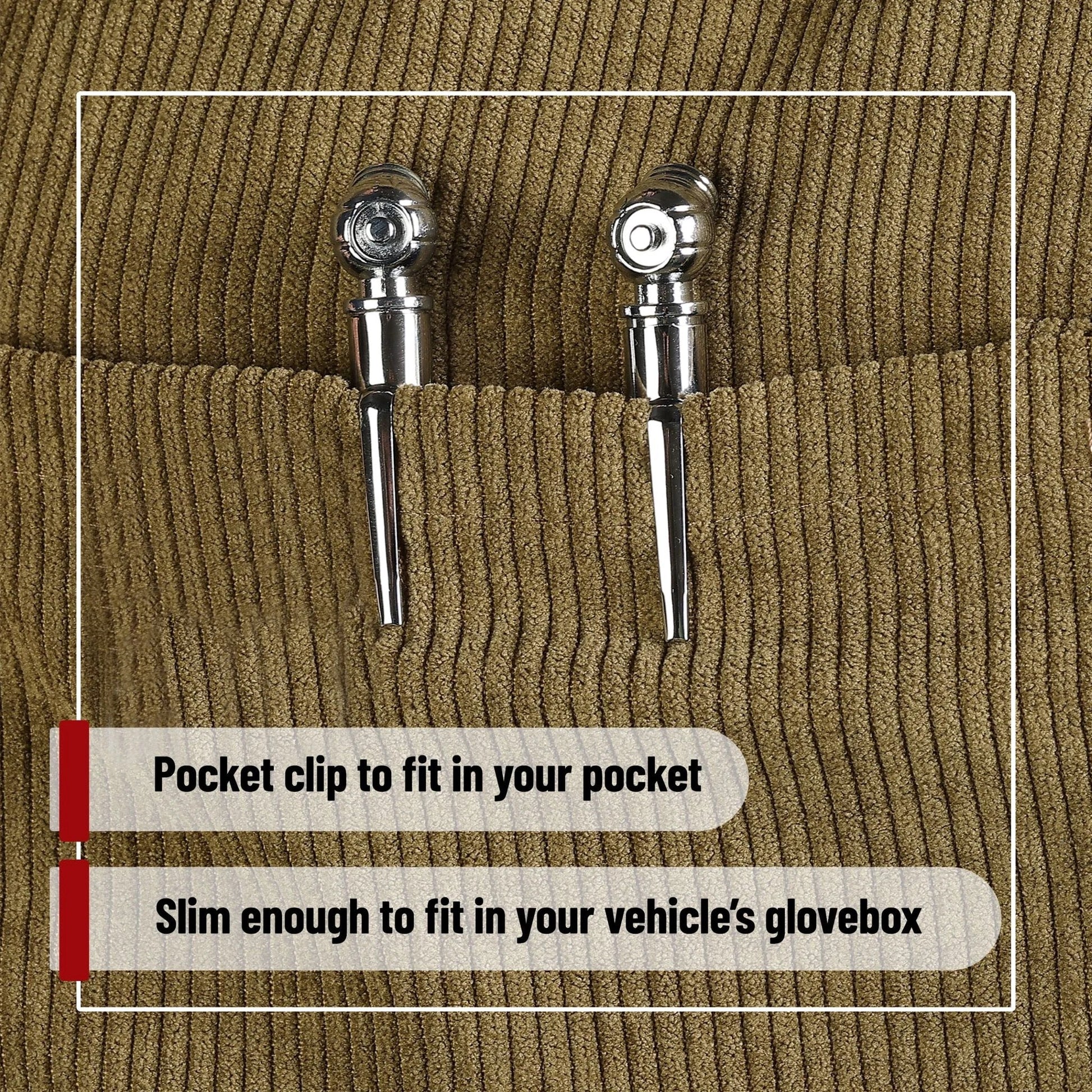 Two Pack Pencil Tire Gauge For Cars 10 To 75 PSI 70 To 550 kPa 0.7 To 5.5 BAR Stainless Steel Construction With Rust And Corrosion Resistant Seal For Valve Stems Highly Accurate Easy Read Budget Friendly shown in pocket