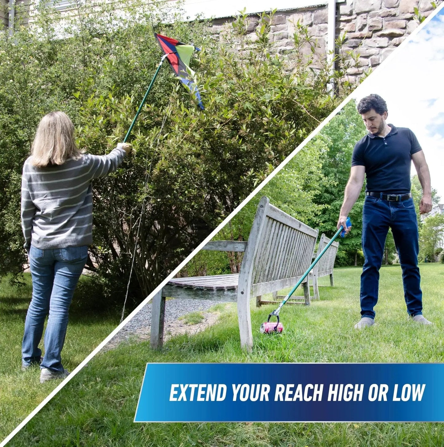 People using the 36 Inch Nifty Nabber Reacher Grabber Tool for easy yard cleanup and trash pickup with built-in magnet and ergonomic grip.
