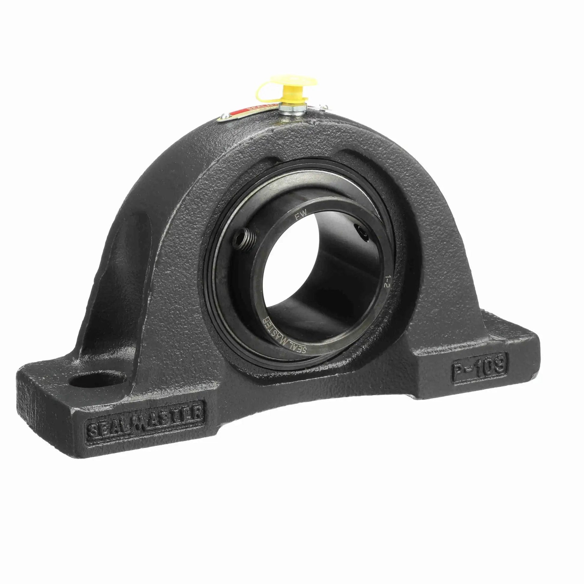 Front view of Mounted Cast Iron Two Bolt Pillow Block Ball Bearing NP 32R With Setscrew Lock Sealmaster Black Oxide Finish Durable Unit