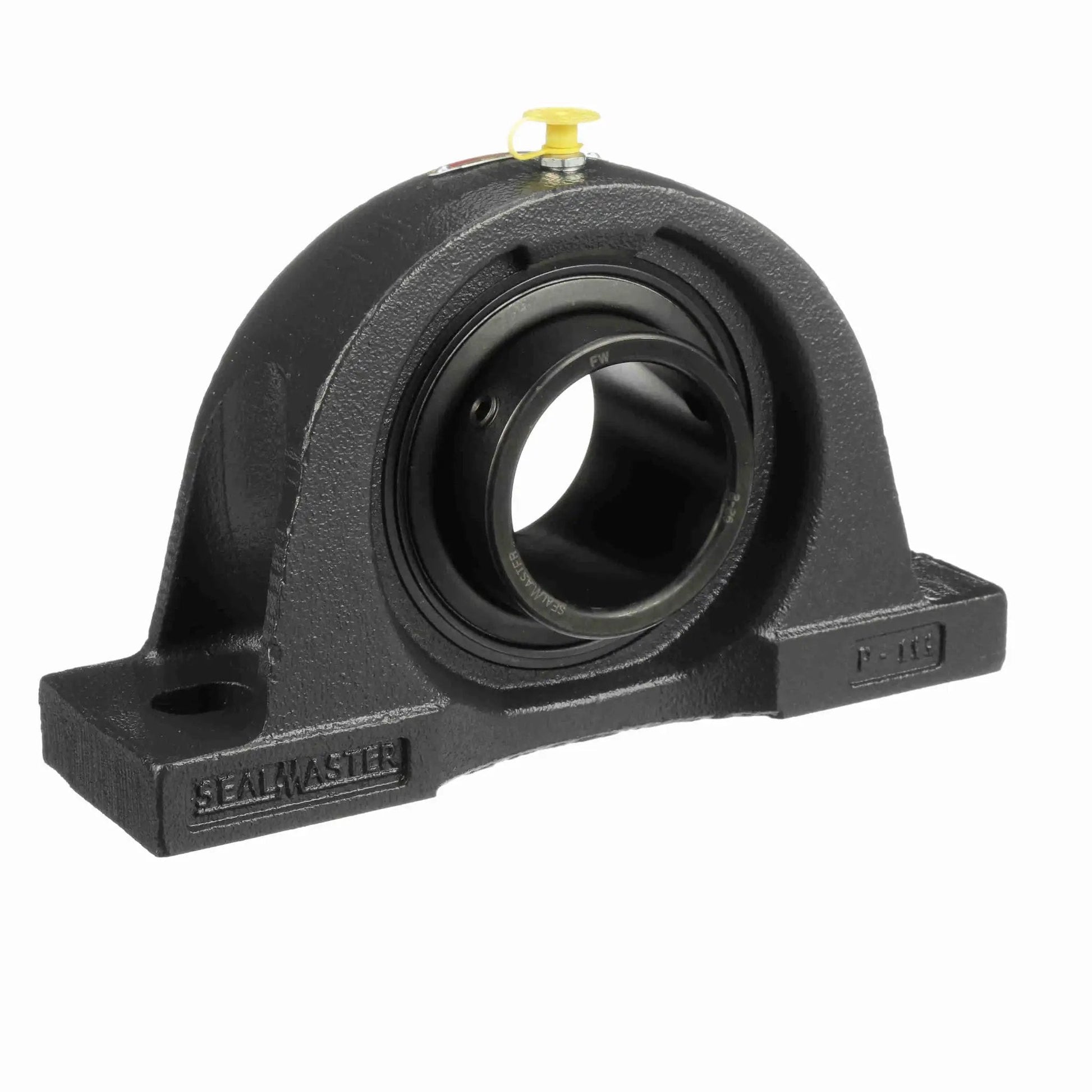 Robust mounted cast iron pillow block bearing from Sealmaster, two-bolt base, visible setscrew locking, front view image.