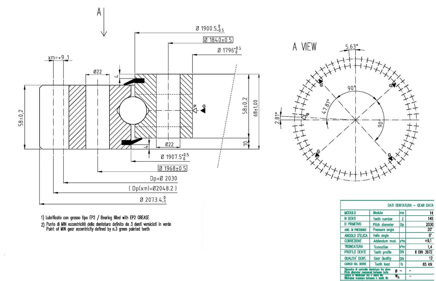 OEM External Gear Slewing Bearing - 2030mm Pitch Diameter 145 Teeth For Heavy-Duty technical drawing and specifications