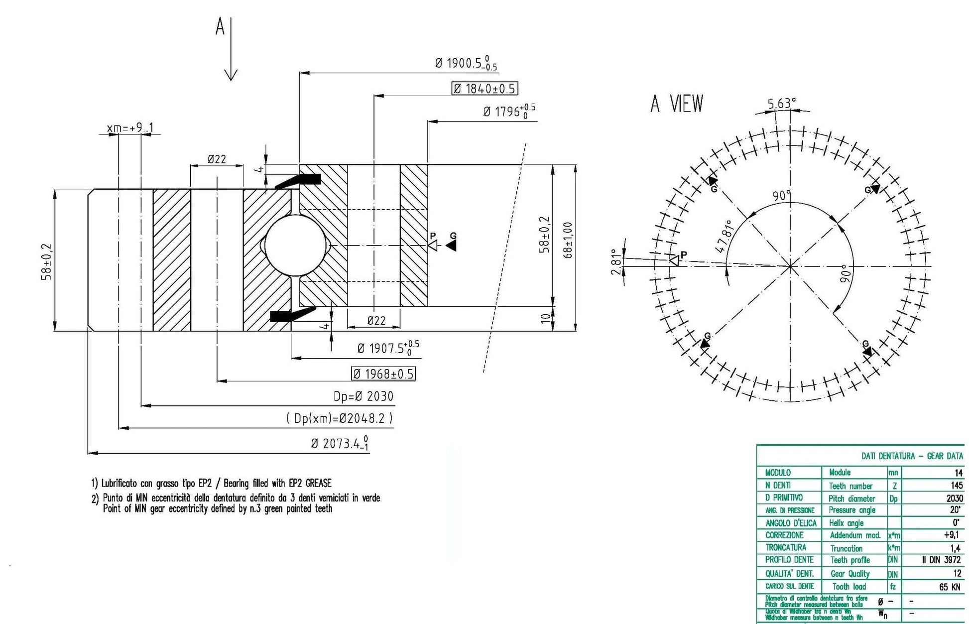 OEM External Gear Slewing Bearing - 2030mm Pitch Diameter 145 Teeth For Heavy-Duty technical drawing and specifications