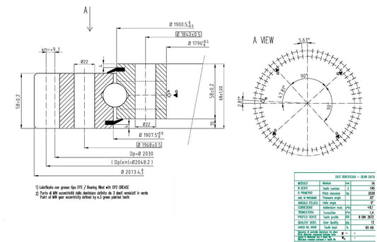 OEM External Gear Slewing Bearing - 2030mm Pitch Diameter 145 Teeth For Heavy-Duty technical drawing and specifications