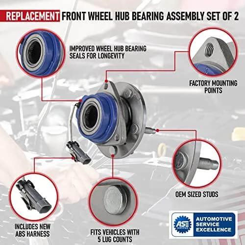 Front Wheel Hub Bearing Assembly - Set of 2 - Compatible - Chevy, Buick, Cadillac, Oldsmobile, Pontiac - Impala, Monte Carlo, Century, Grand Prix, Replaces 513121, 12429203, 88964168 - ABS