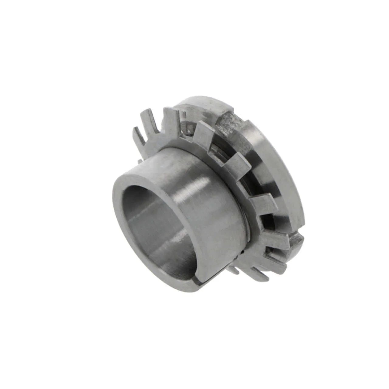 H216 Bearing Housings Adapter Sleeves w/Lock Nut & Washer, side view of adapter sleeve, metal construction, tapered bore design.