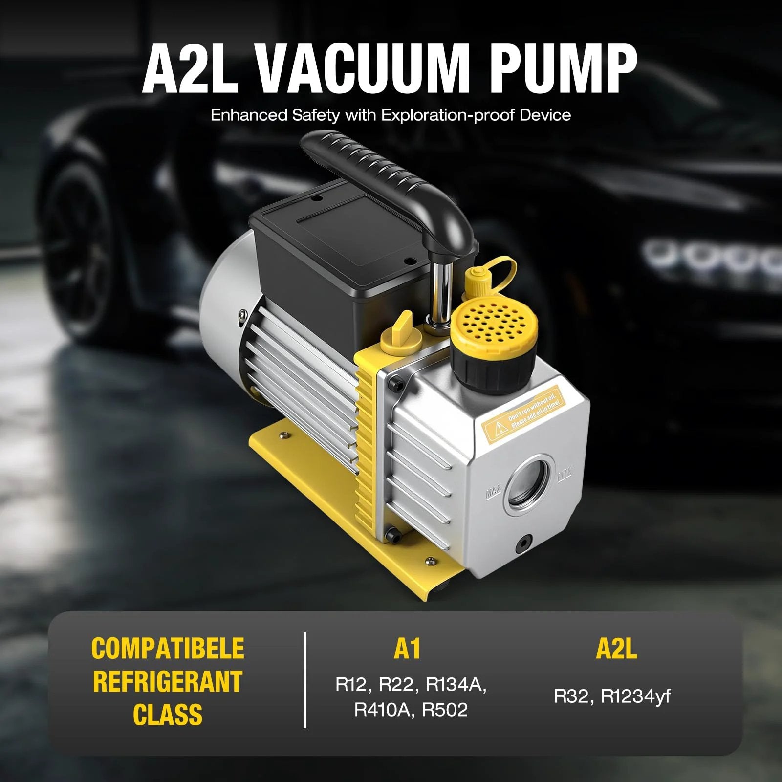 4 CFM 110V One Third HP Single Stage Rotary Vane Vacuum Pump For R12 R22 R134a R410a R502 R32 R1234yf Systems shown from side.