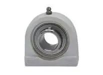 Front view of 20mm white plastic tapped pillow block housing with stainless set screw insert, single mount for shafts, ideal for linear slide units.