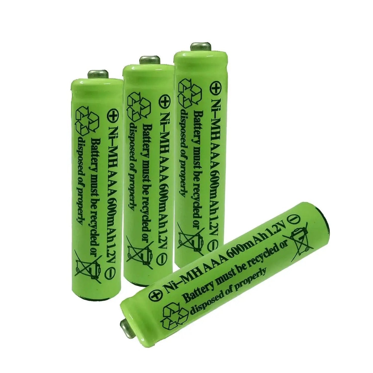 AAA NiMH 600mAh 1.2V Rechargeable Batteries For Solar Lights Garden Lamps 4 Pack in green casing, showing recycling symbols