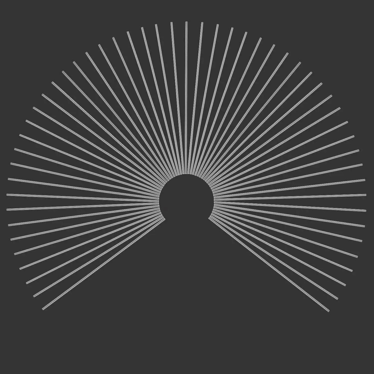 Symmetrical arc of straight lines converging at a central point on a dark background, resembling a burst pattern.
