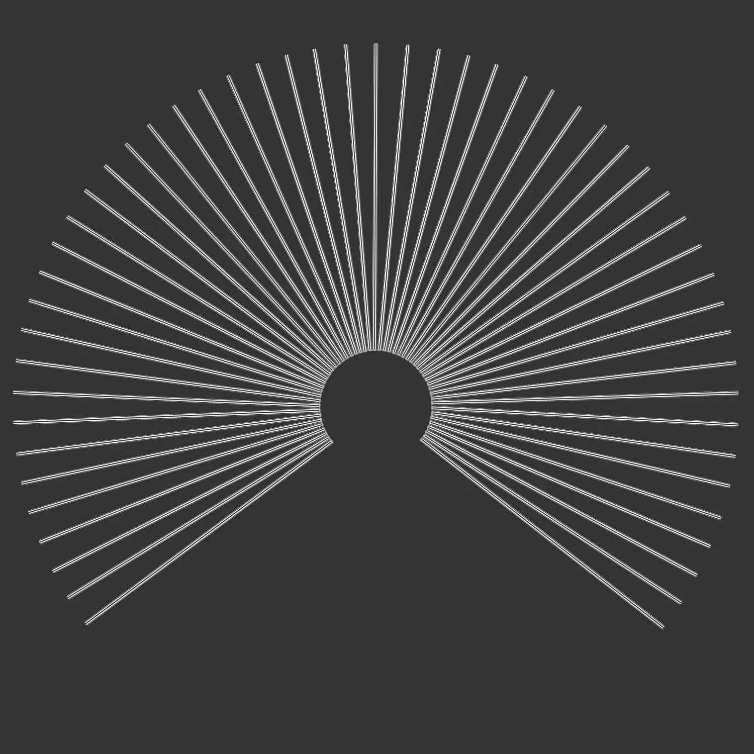 Symmetrical arc of straight lines converging at a central point on a dark background, resembling a burst pattern.