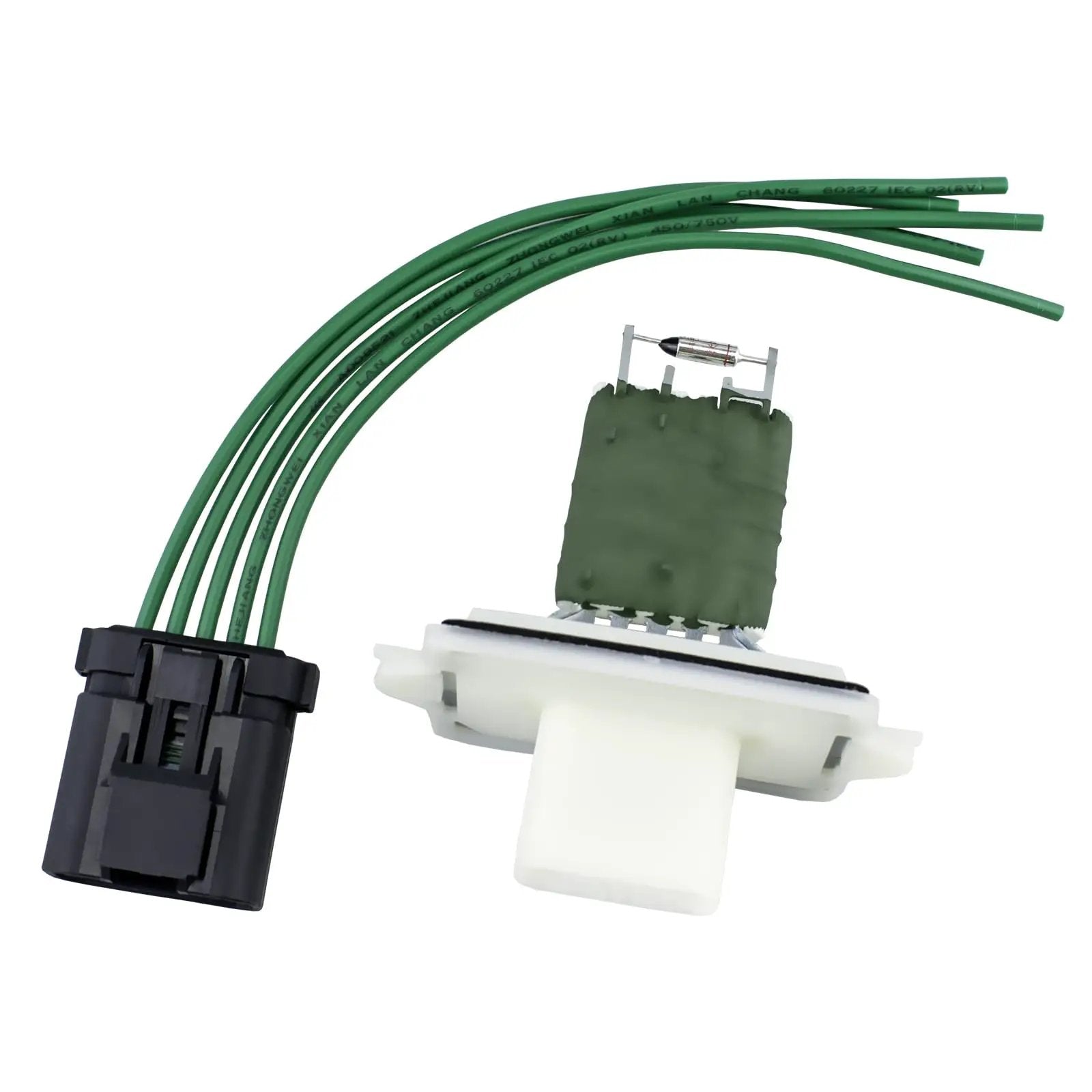 AC Blower Motor Resistor For Dodge Durango Dakota Grand Caravan Aspen Jeep Commander Chrysler Town And Country 2001 Through 2010 HVAC Heater AC Replacement Part Fits Multiple Models shown with green wires and connector