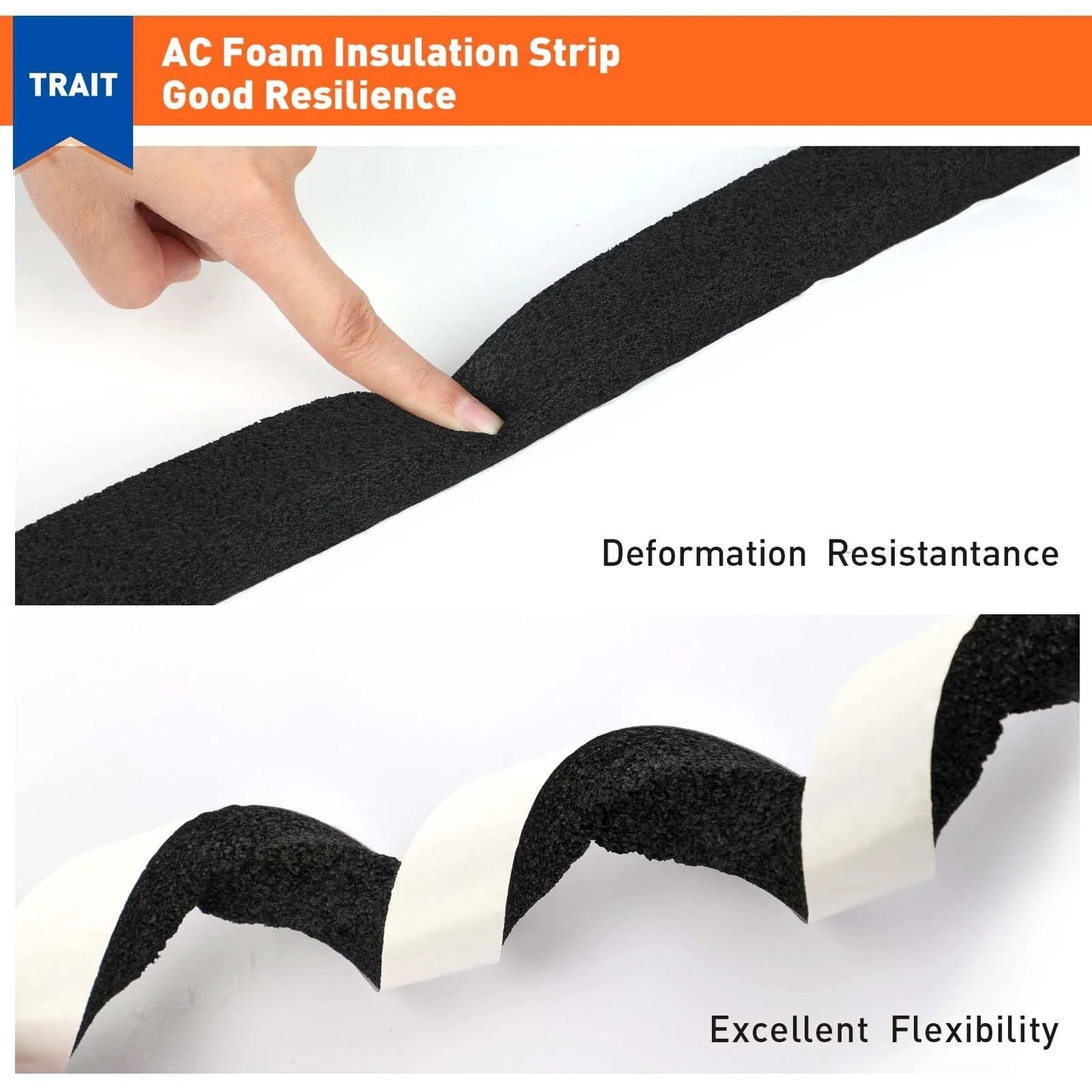 Weather Stripping Door Seal Tape 1 Inch Wide by 1 Inch Thick 13 Feet Total 6.5 Ft Each 2 Rolls Black Foam Insulation Tape With Strong Adhesive Cut for windows and air conditioners, showing flexibility and resilience.