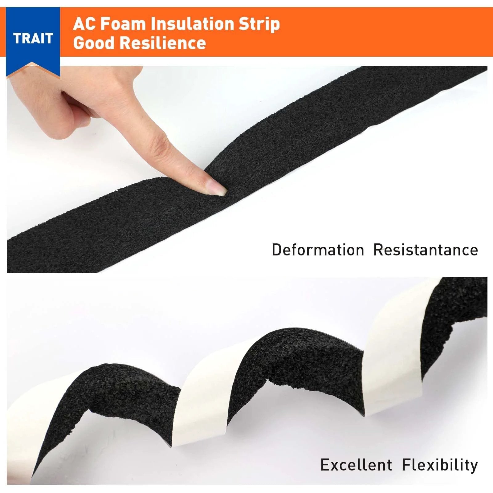 Weather Stripping Door Seal Tape 1 Inch Wide by 1 Inch Thick 13 Feet Total 6.5 Ft Each 2 Rolls Black Foam Insulation Tape With Strong Adhesive Cut for windows and air conditioners, showing flexibility and resilience.