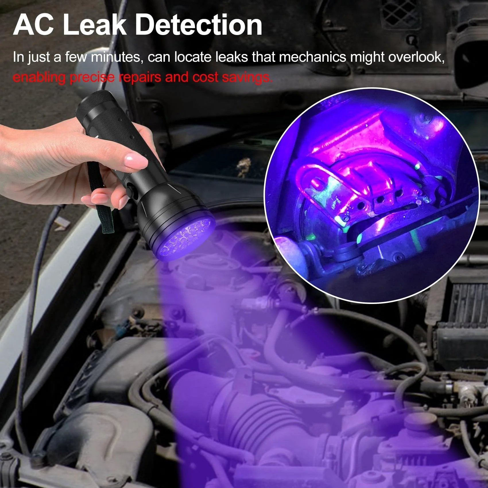 Hand holding a flashlight showing UV light on automotive components for AC leak detection using the 68 LED UV Dye Automotive AC Leak Detection Kit With Protective Glasses From Vansky Pro Grade Car Tool For Pinpointing AC Leaks In Cars Garages And Shops With Garage Ready Fast Accurate LED Guidance And Safe Eye Protection.