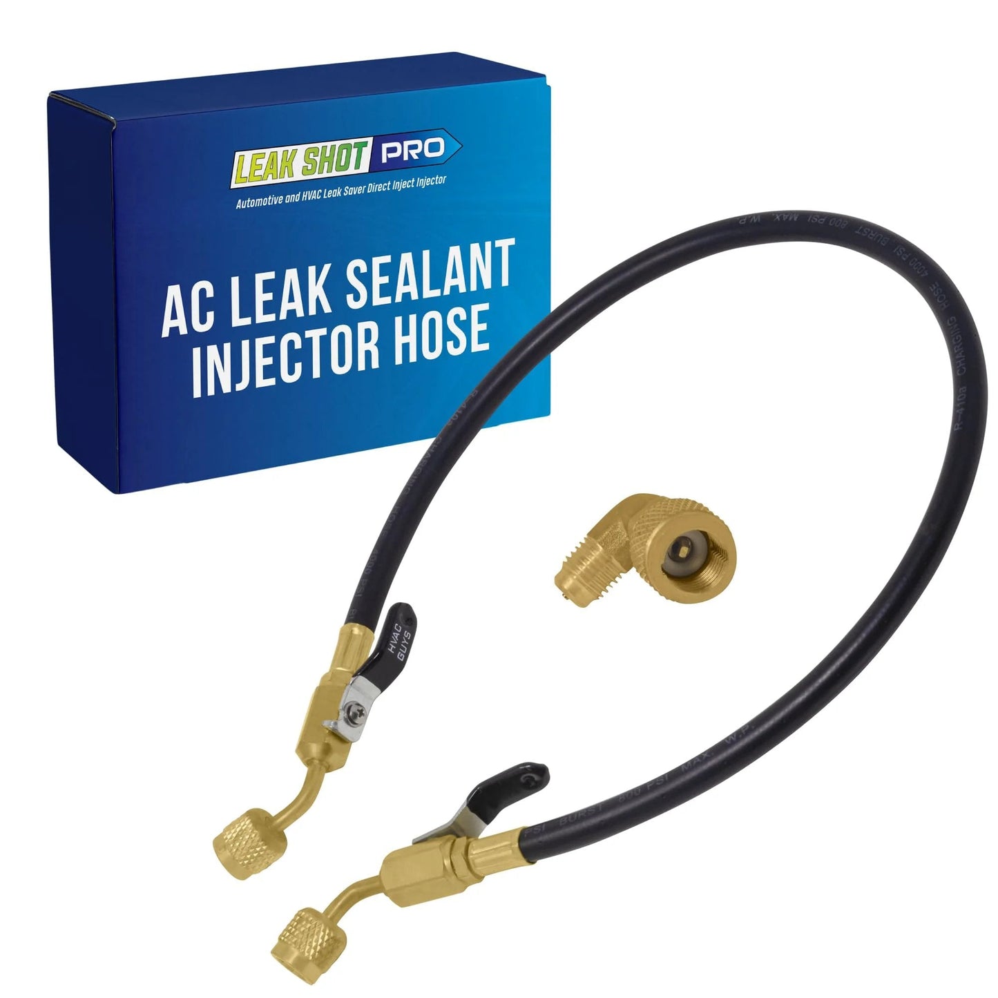 AC Leak Sealer Injector Hose Kit With Dual Ball Valves For Easy Injecting Of HVAC Sealant Into Air Conditioning And Refrigeration Systems, 24-inch hose with gold fittings.