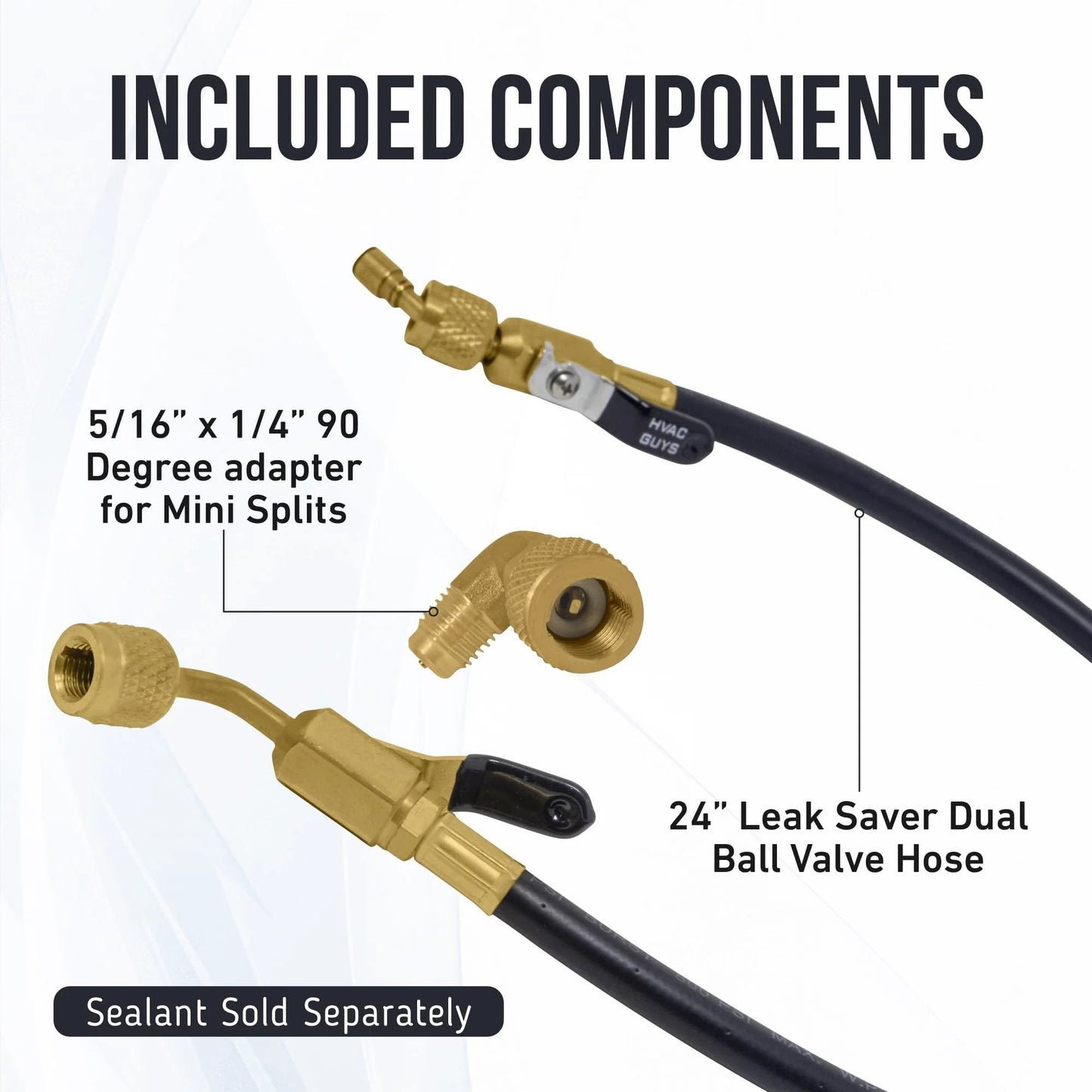 AC Leak Sealer Injector Hose Kit With Dual Ball Valves For Easy Injecting Of HVAC Sealant Into Air Conditioning And Refrigeration Systems, 24-inch hose and 90° adapter.