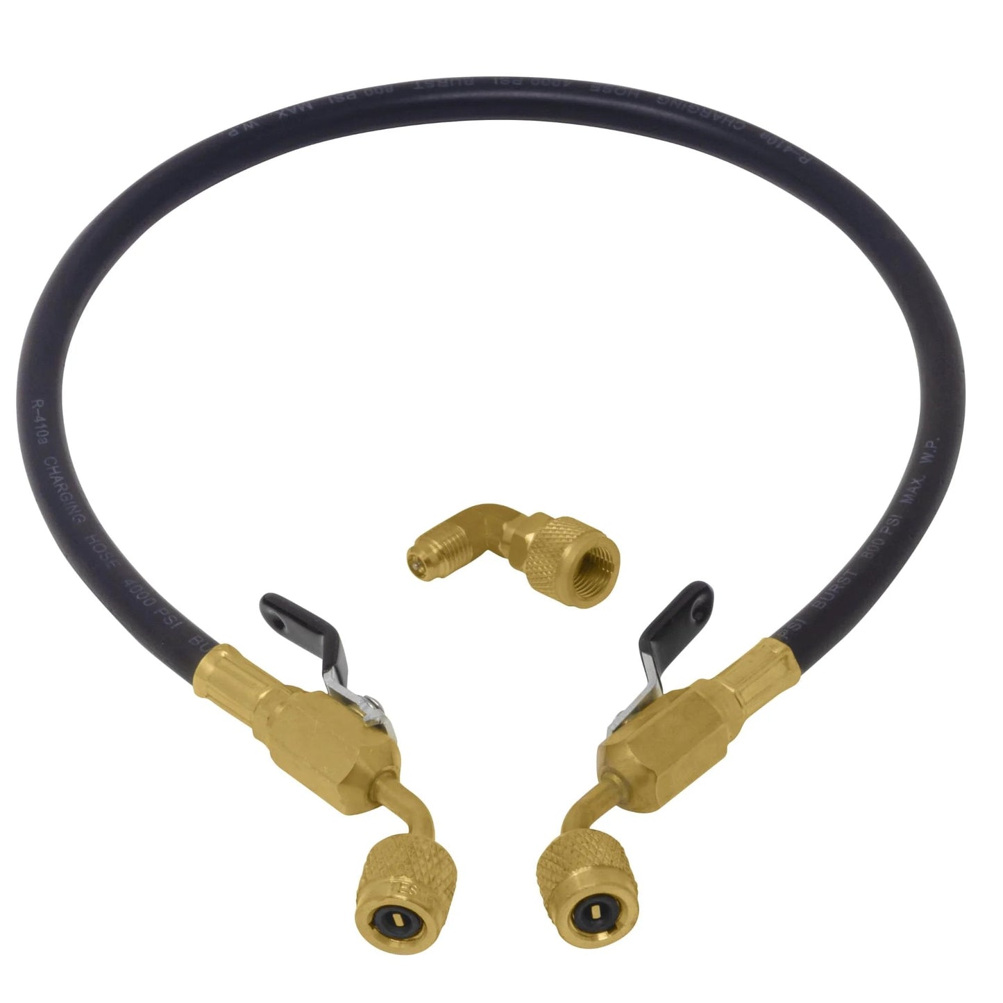 AC Leak Sealer Injector Hose Kit With Dual Ball Valves For Easy Injecting Of HVAC Sealant Into Air Conditioning And Refrigeration Systems, 24-inch hose and 90° adapter.