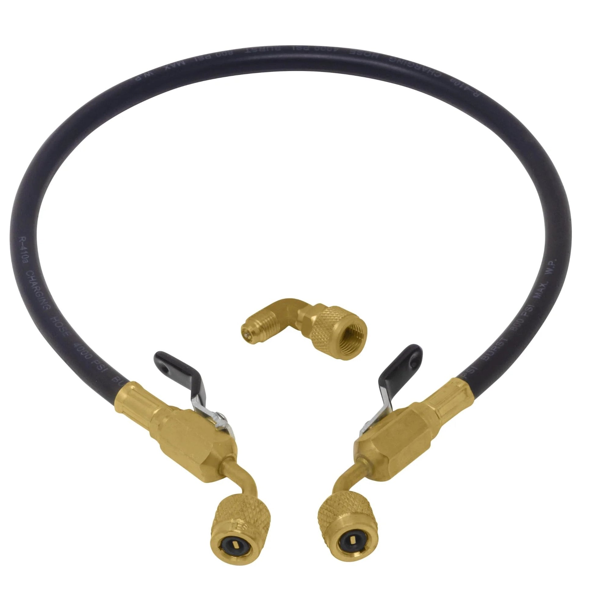 AC Leak Sealer Injector Hose Kit With Dual Ball Valves For Easy Injecting Of HVAC Sealant Into Air Conditioning And Refrigeration Systems, 24-inch hose and 90° adapter.